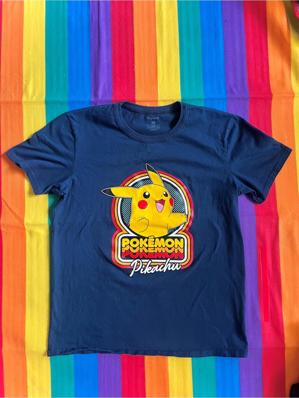 Pokémon Pikachu Navy Blue Graphic Nintendo T-Shirt, Retro Rainbow Design, Size M